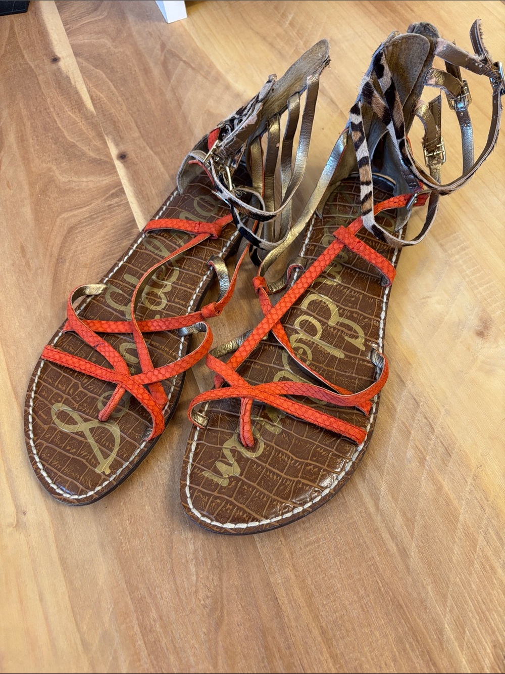 Sam Edelman Orange and Brown Strappy Ankle Tie Sandals